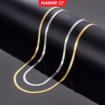 Flashee Kalung Titanium Pria Wanita Anti Karat Silver/Gold Pipih 60 Cm Model Plat