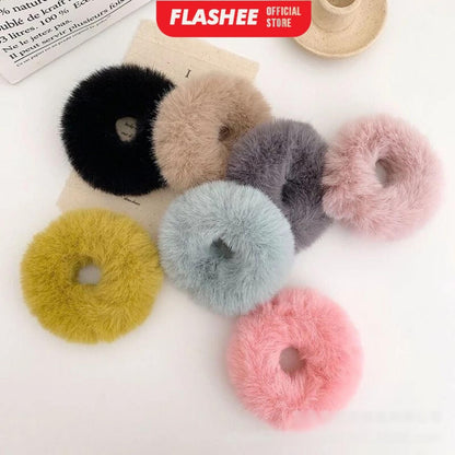 Flashee Ikat Rambut Model Bulu Halus Elastis Wanita Anak Karet Berbulu Warna Warni Kunciran Polos