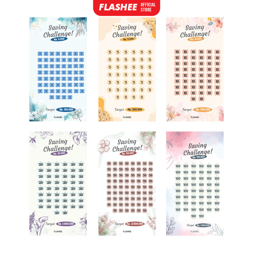 Flashee 10 Lembar Saving Challenge Binder A6 Kertas Loose Leaf Tantangan Menabung A6 6 Ring
