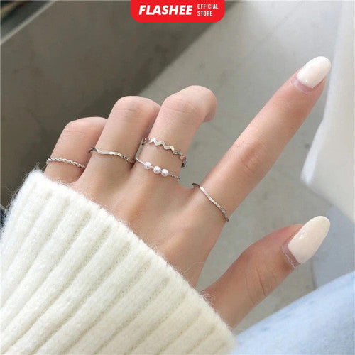 Flashee Cincin Nadine Mutiara 5 Set Cincin Mutiara Gaya Korea Minimalis