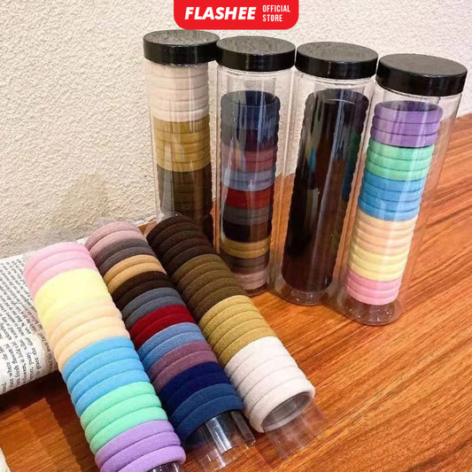 Flashee Paket Bundle 2 Tabung Ikat Rambut Anak Elastis Isi 20 Pcs Kunciran Wanita Motif Polos