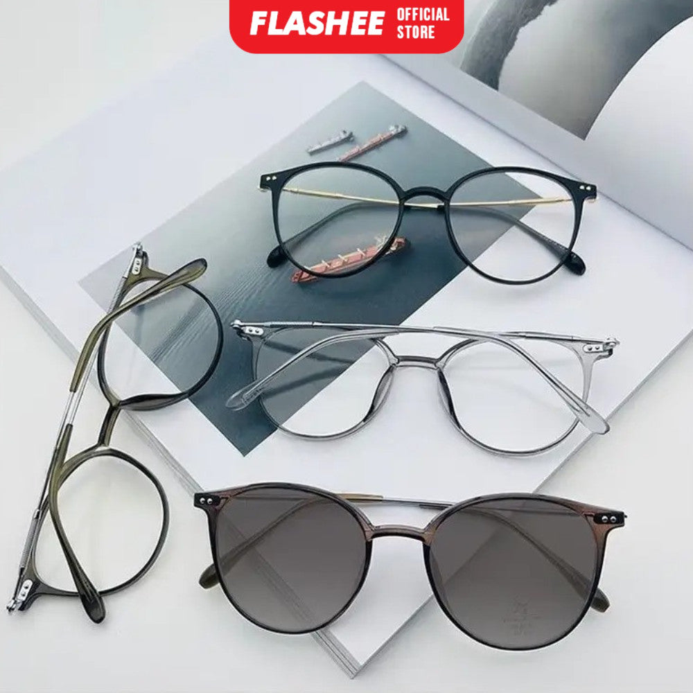 Flashee Kacamata Photochromic Anti Radiasi Bentuk Bulat Bahan Metal Gaya Korea Untuk Pria Dan Wanita Kacamata